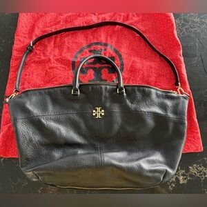 Tory Burch Black Pebbled Leather Expandable Tote